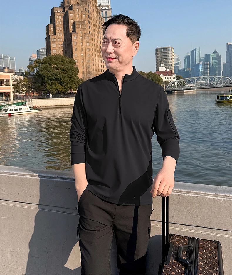 都市运动爸爸春季薄款户外休闲长袖T恤中年男拉链速干打底衫上衣
