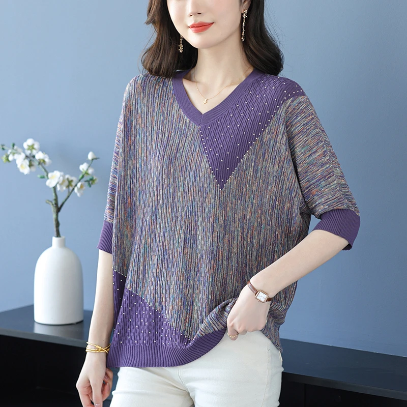 短袖t恤女宽松2025新款夏季高级感烫钻上衣加肥加大码冰丝针织衫