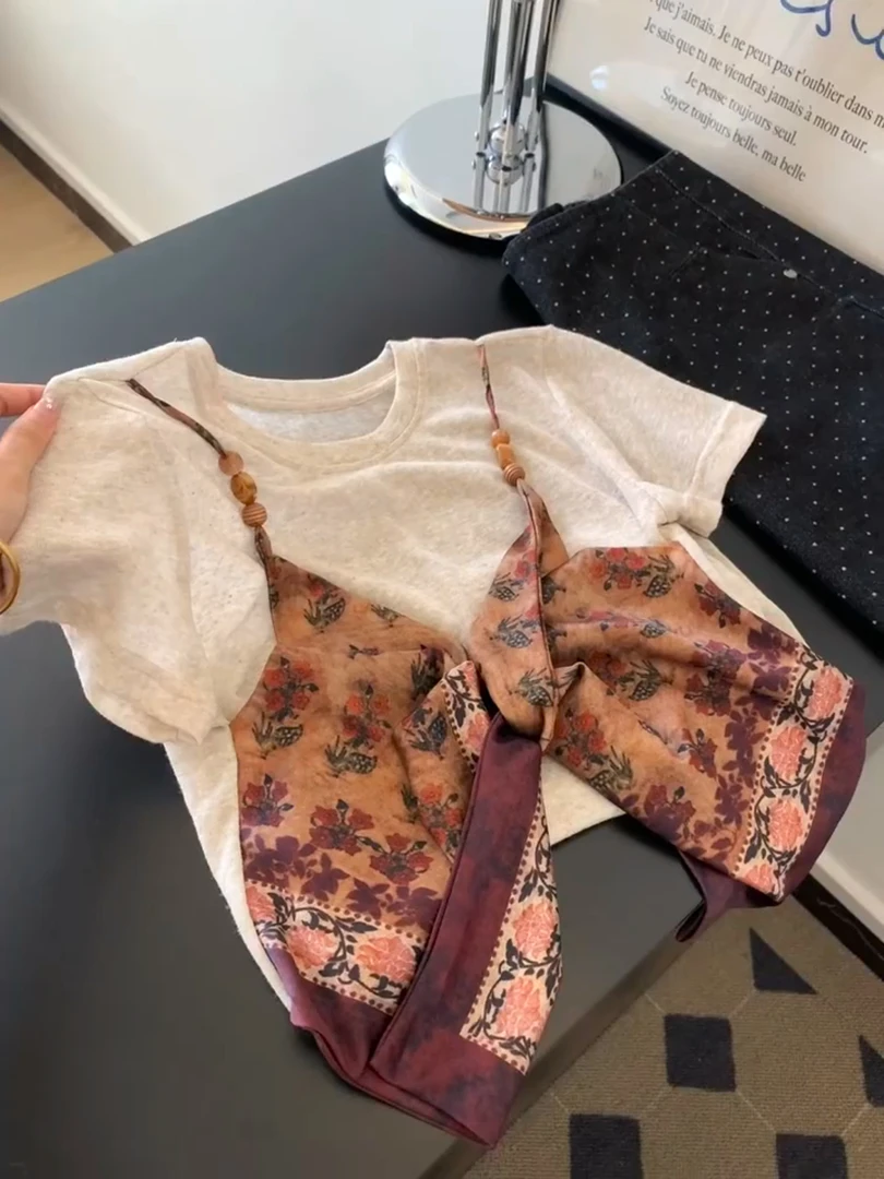 时髦设计感古着风假两件短袖T恤女2025夏季新款拼接设计上衣ins潮