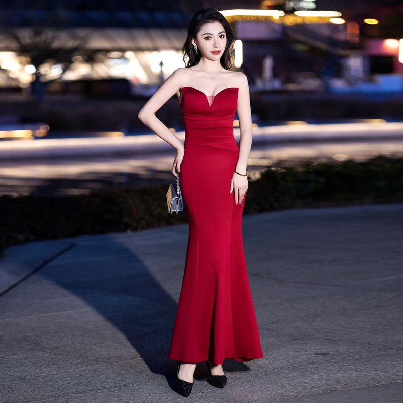 抹胸长裙鱼尾裙法式一字肩晚礼服敬酒服性感高贵修身气质高端宴会