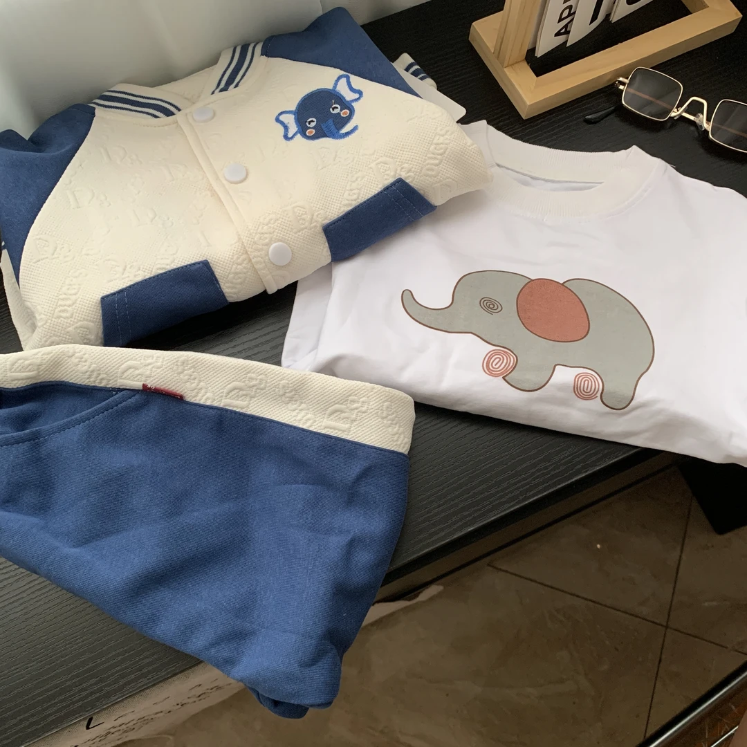 秋款三件套卡通立体大象三色棉质套装蓝色时尚儿童
