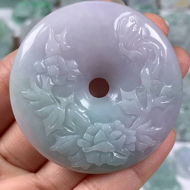 翡翠未镶嵌颈饰花开富贵平安扣两面工艺福利