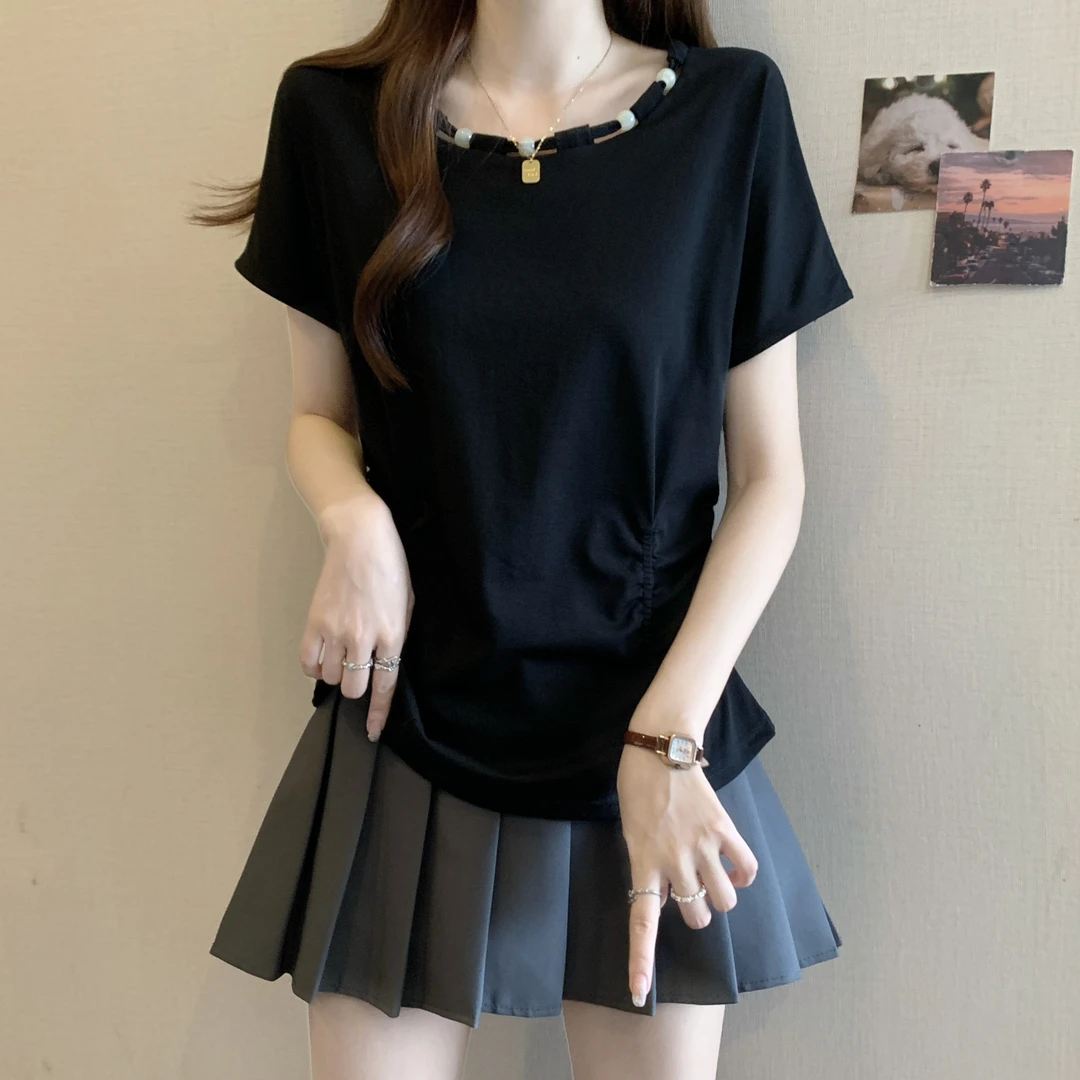 独特漂亮串珠短袖T恤女2025新款夏季大码胖mm褶皱收腰打底衫上衣