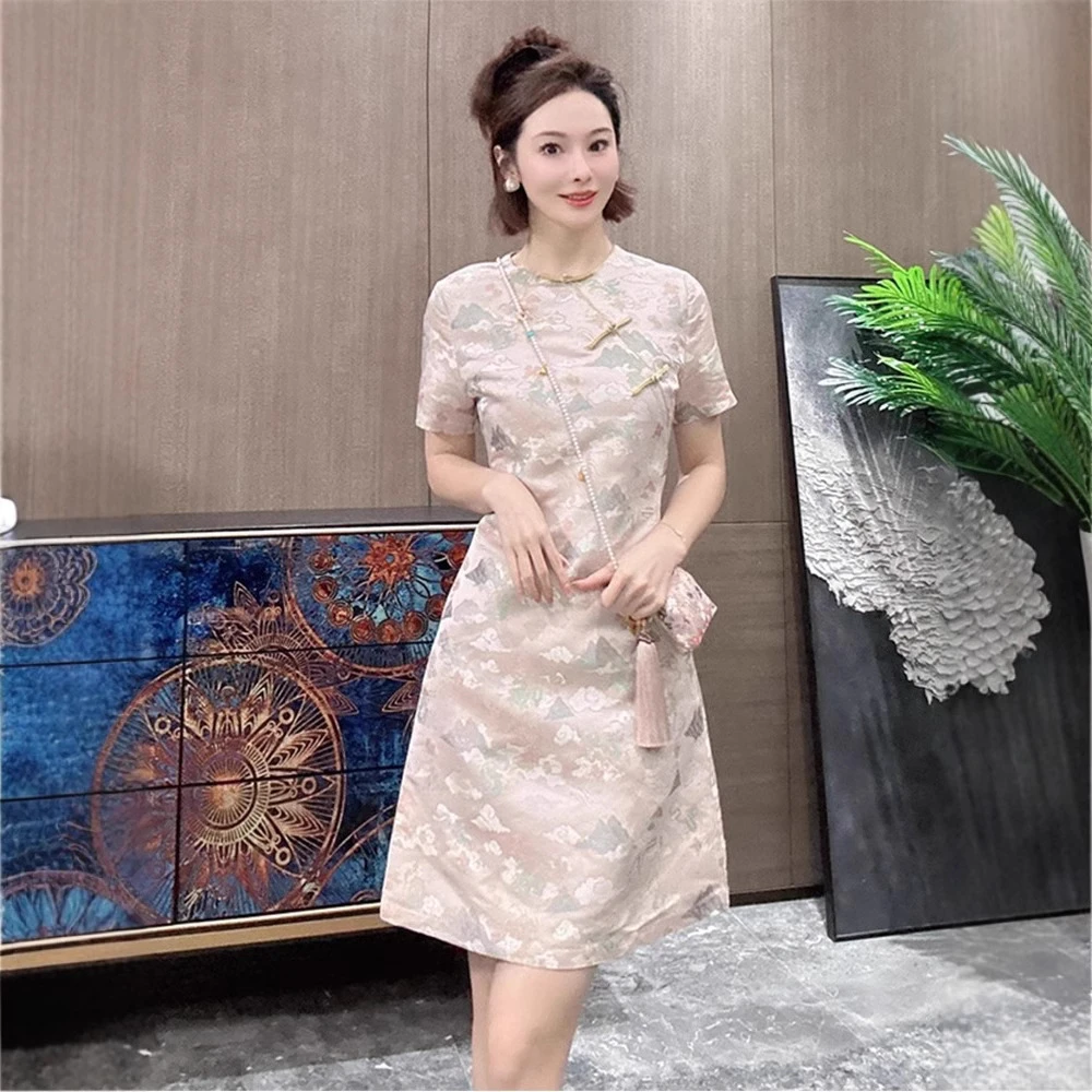 夏季新款小个子减龄显瘦新中式国风端庄大气浅粉印花圆领连衣裙女