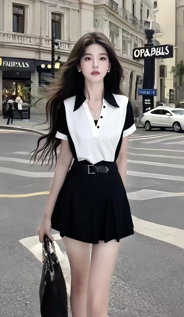 时尚新款休闲风黑白Polo领设计感上衣+黑色显瘦百褶半身裙两件套