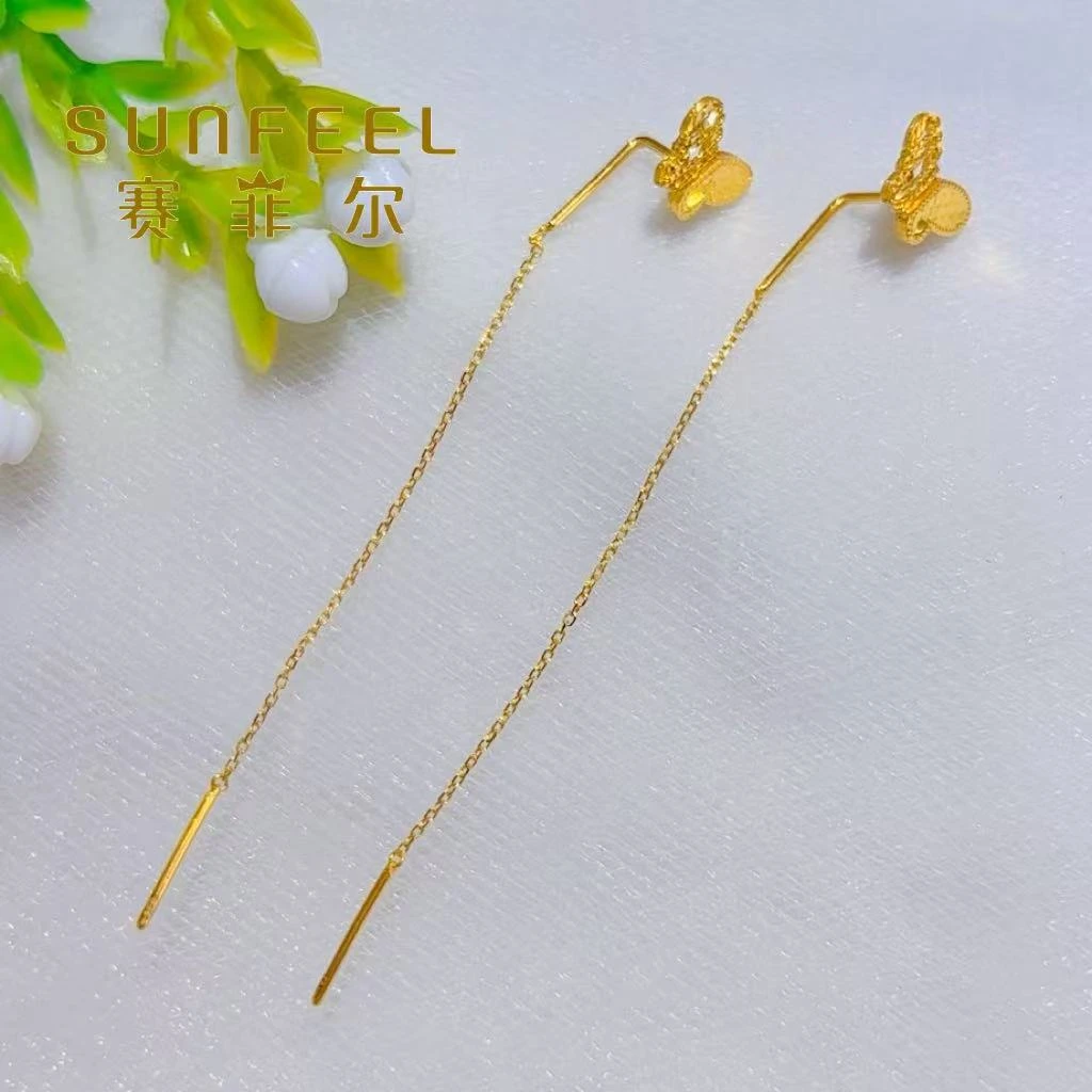 SUNFEEL/赛菲尔黄金足金花蝶流苏耳线7字黄金耳饰轻奢精致5G精工