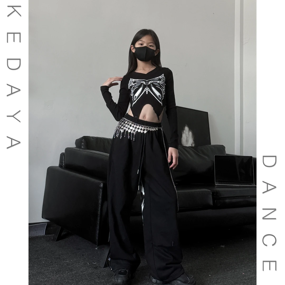 女童爵士舞长袖T恤辣妹露脐上衣宽松束脚卫裤少儿街舞演出服套装