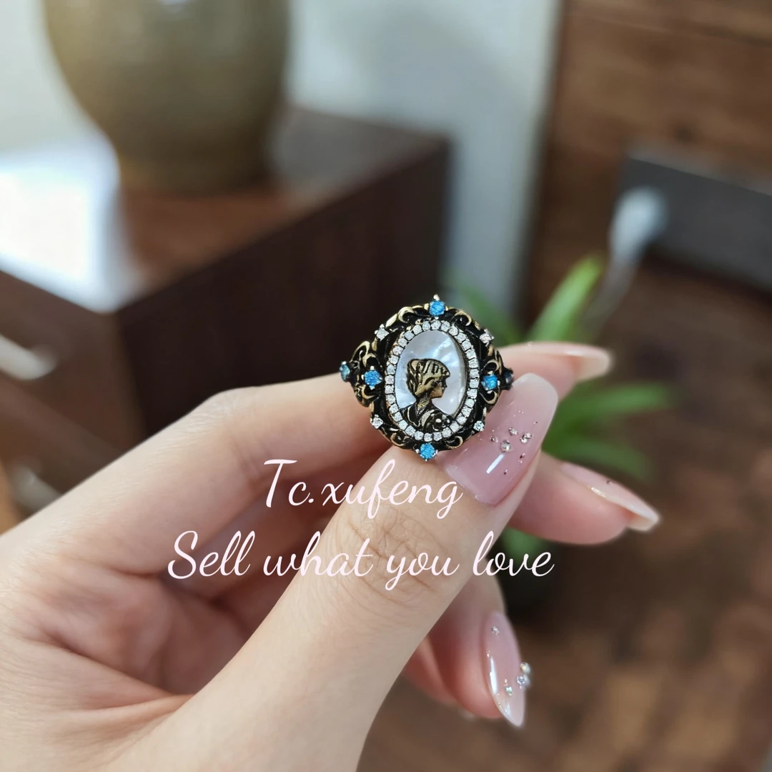 纯铜贝壳戒指 巴洛克女神复古雕刻奢华个性古铜戒指不掉色气质