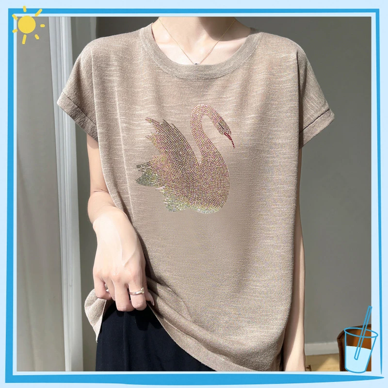 短袖冰丝重工小衫漂亮T恤针织竹节棉凉爽独特圆领内搭烫钻女半袖