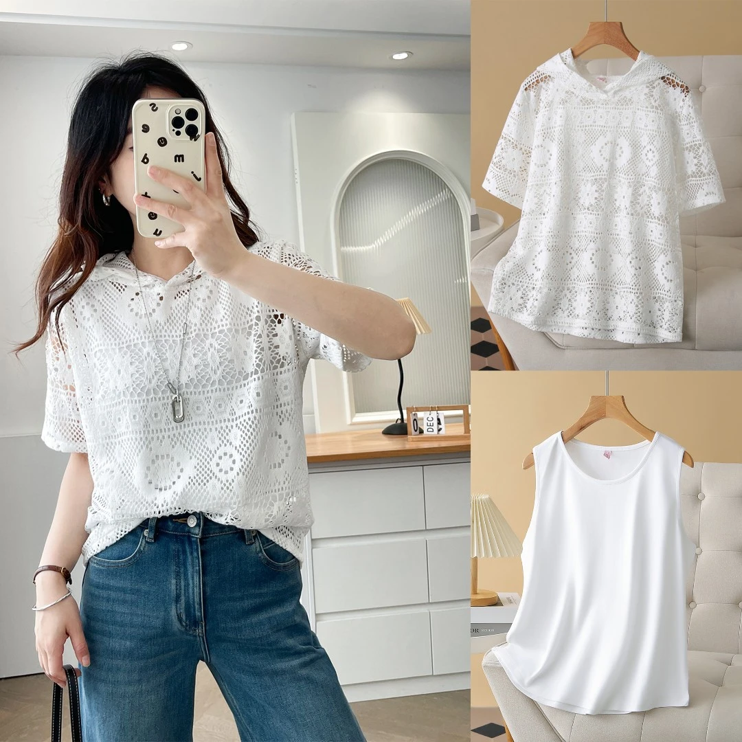 连帽蕾丝甜美少女镂空短袖夏季休闲套装弹力打底上衣套高腰短裤