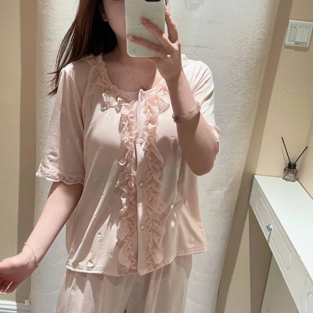 夏季新款压花蕾丝花边短袖带杯垫三件套睡衣圆领气质透气套装1933