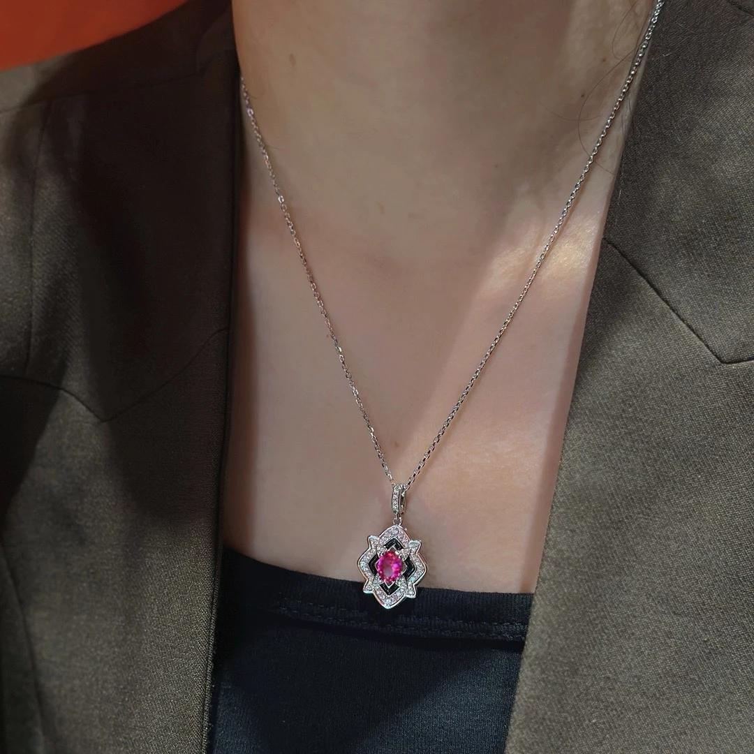 坠链均925银合成锆石 菱形珐琅彩项链  JN7001