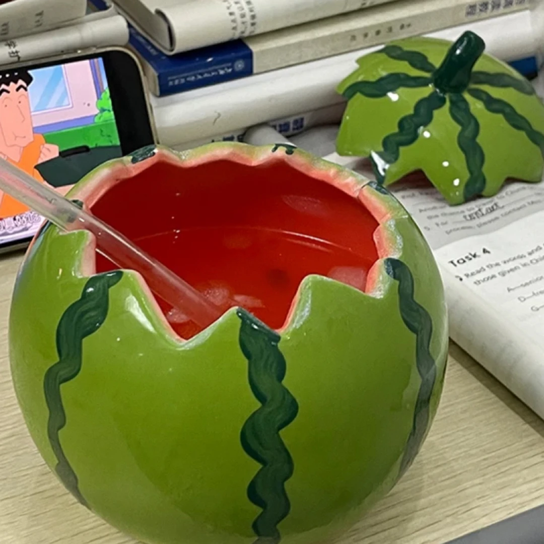 创意西瓜陶瓷杯带盖吸管饮料水果沙拉甜品可爱春游野炊高颜值