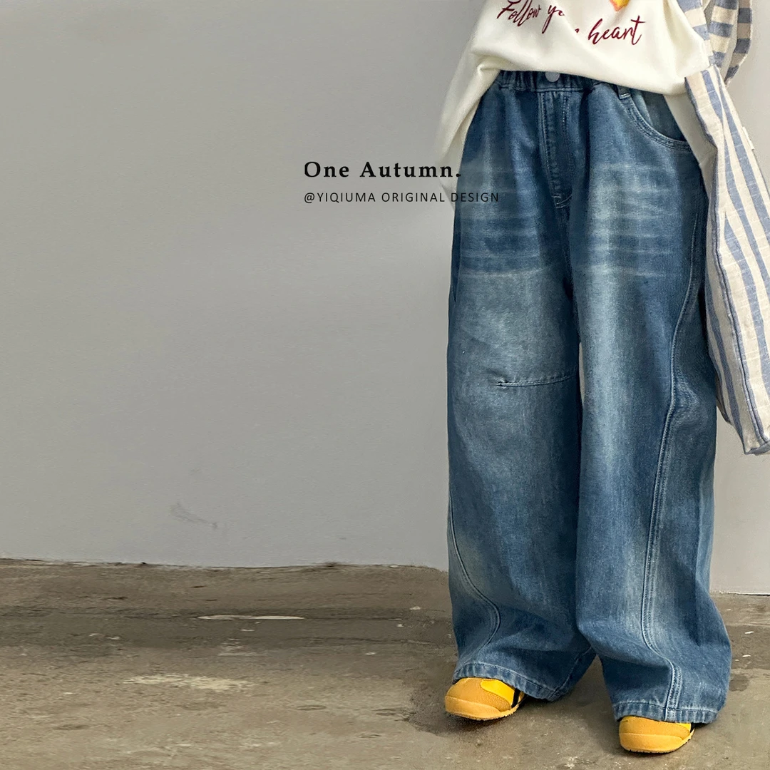 「壹秋.ONE AUTUMN」【牛仔士多闲】韩版水洗弯刀牛仔裤女童春阔腿裤