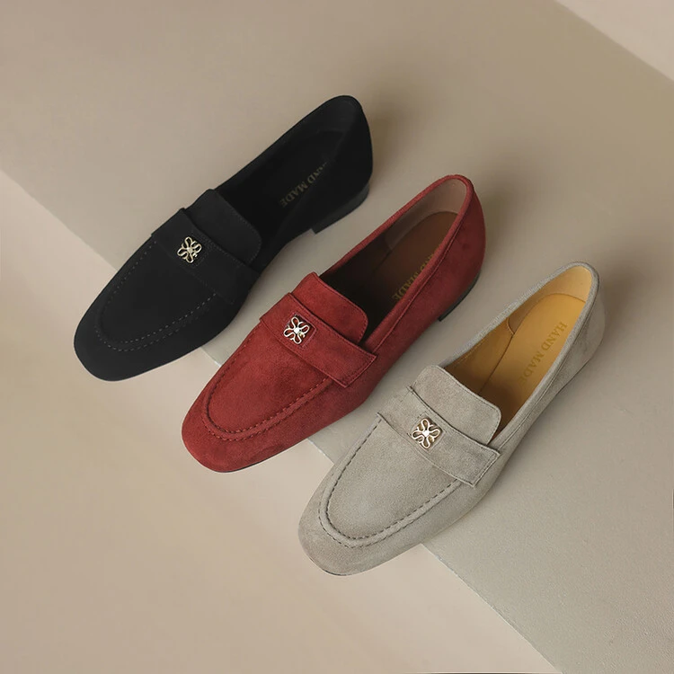 羊翻皮~2cm真皮法式单鞋女春秋新款英伦风小皮鞋一脚蹬软底乐福鞋