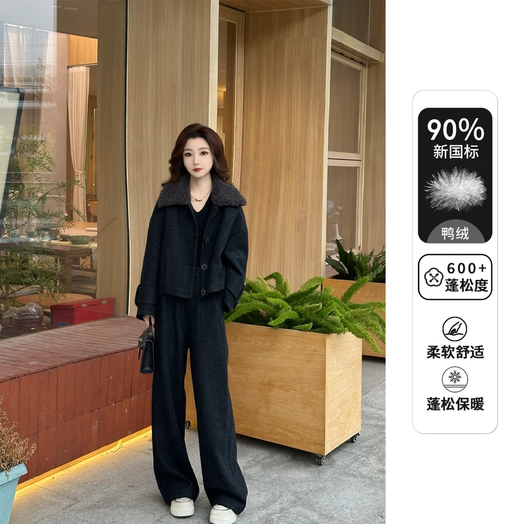 Liixu大翻领90白鸭绒羽绒短外套阔腿裤套装V58TZG1156