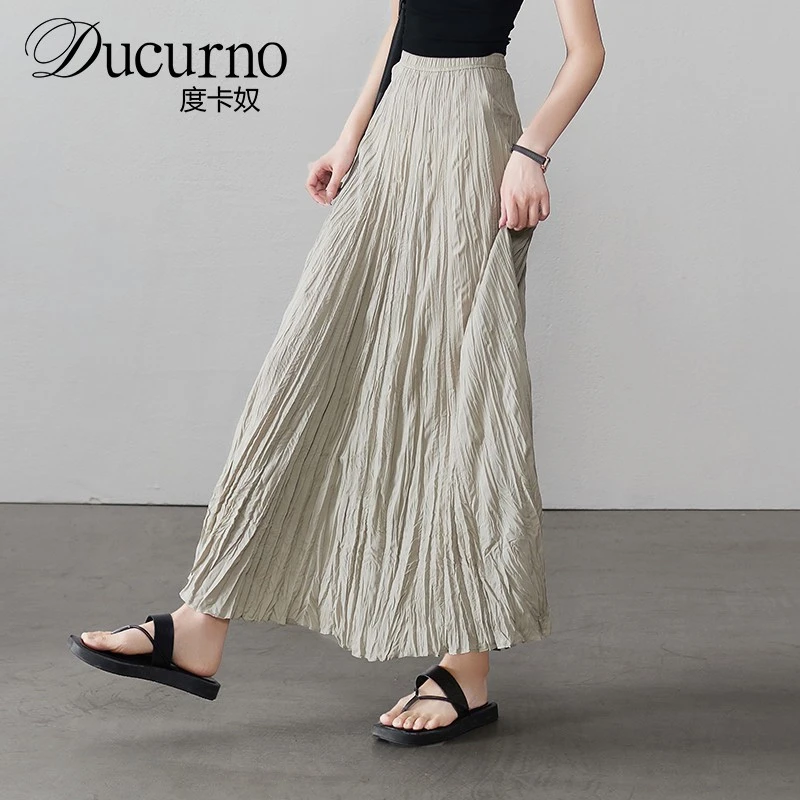 度卡奴2025夏季新款时尚百搭高腰显瘦褶皱感长款A字半身裙女薄款