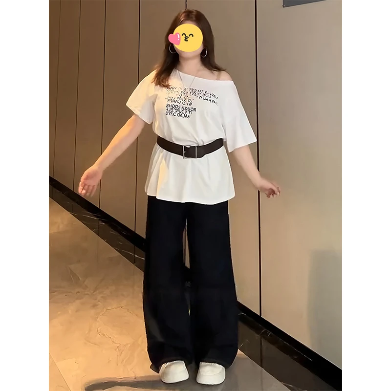 美式复古字母印花斜肩短袖T恤女装夏季新款韩版宽松显瘦套头上衣