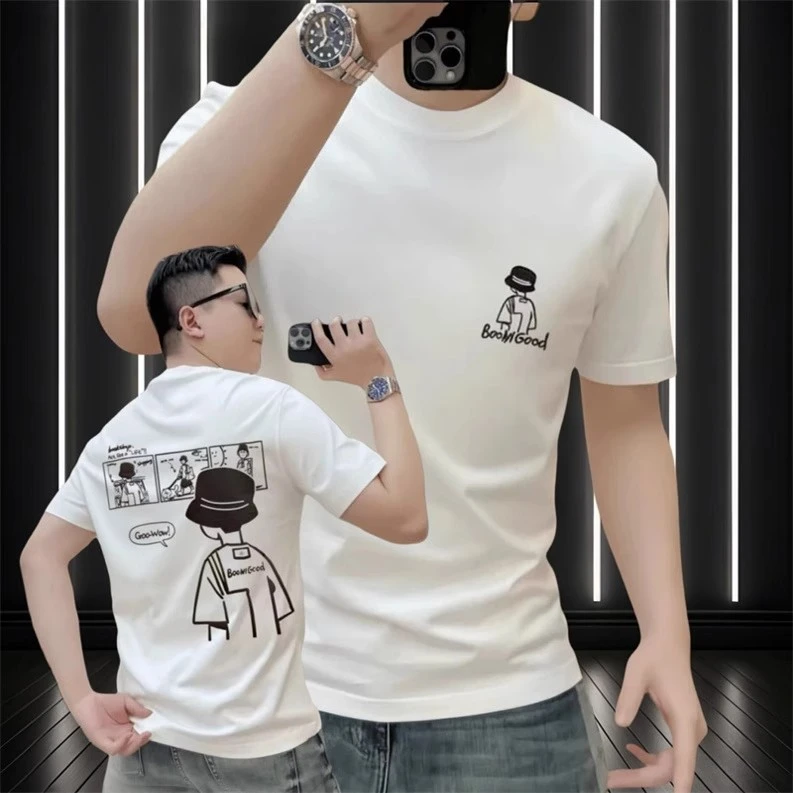 潮牌2025夏季爆款卡通印花短袖t恤男高端纯棉修身圆领半袖男体恤