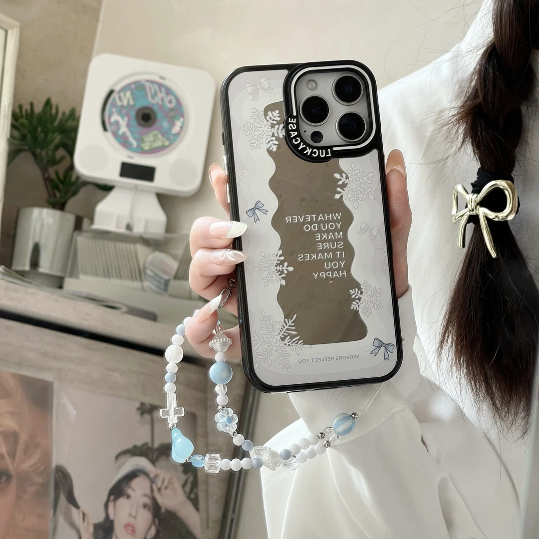 镜面蓝色雪花适用苹果16pro防摔手机壳iPhone15ins风14少女13新款