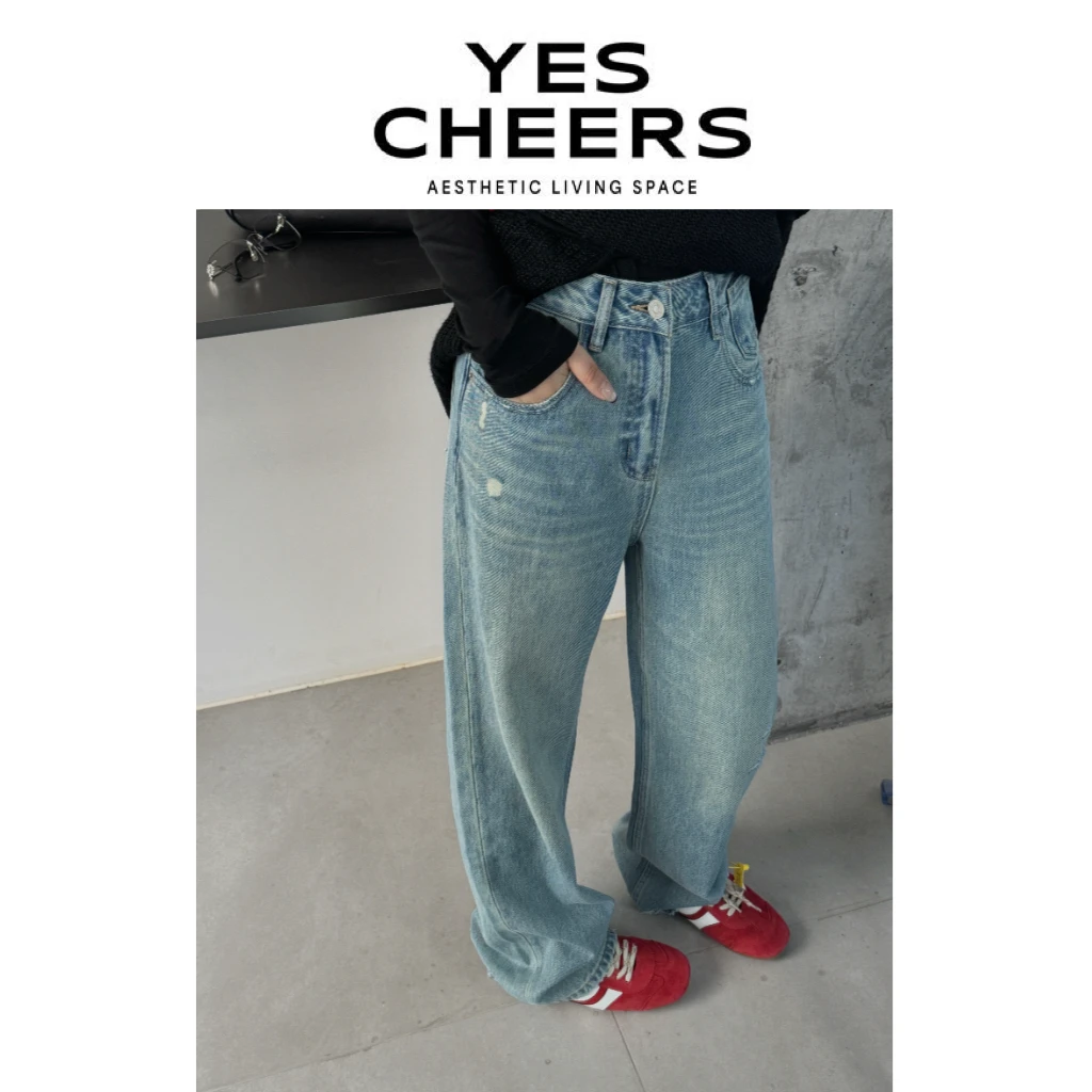 悦是YESCHEERS【椿野初见】破洞直筒浅牛仔裤 8114