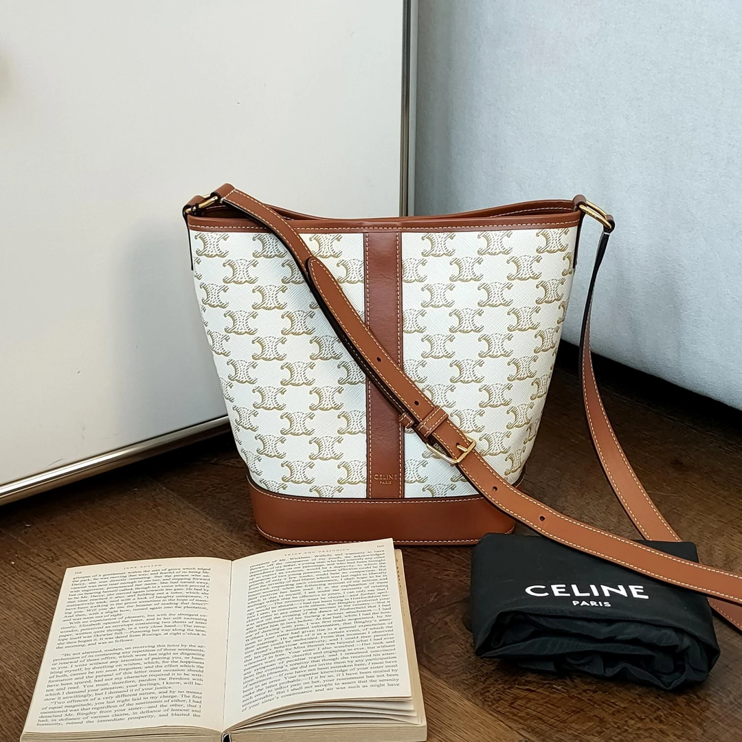 95新 Celine/思琳 Azul-白凯旋门老花拼皮凯旋门小号水桶包 44792