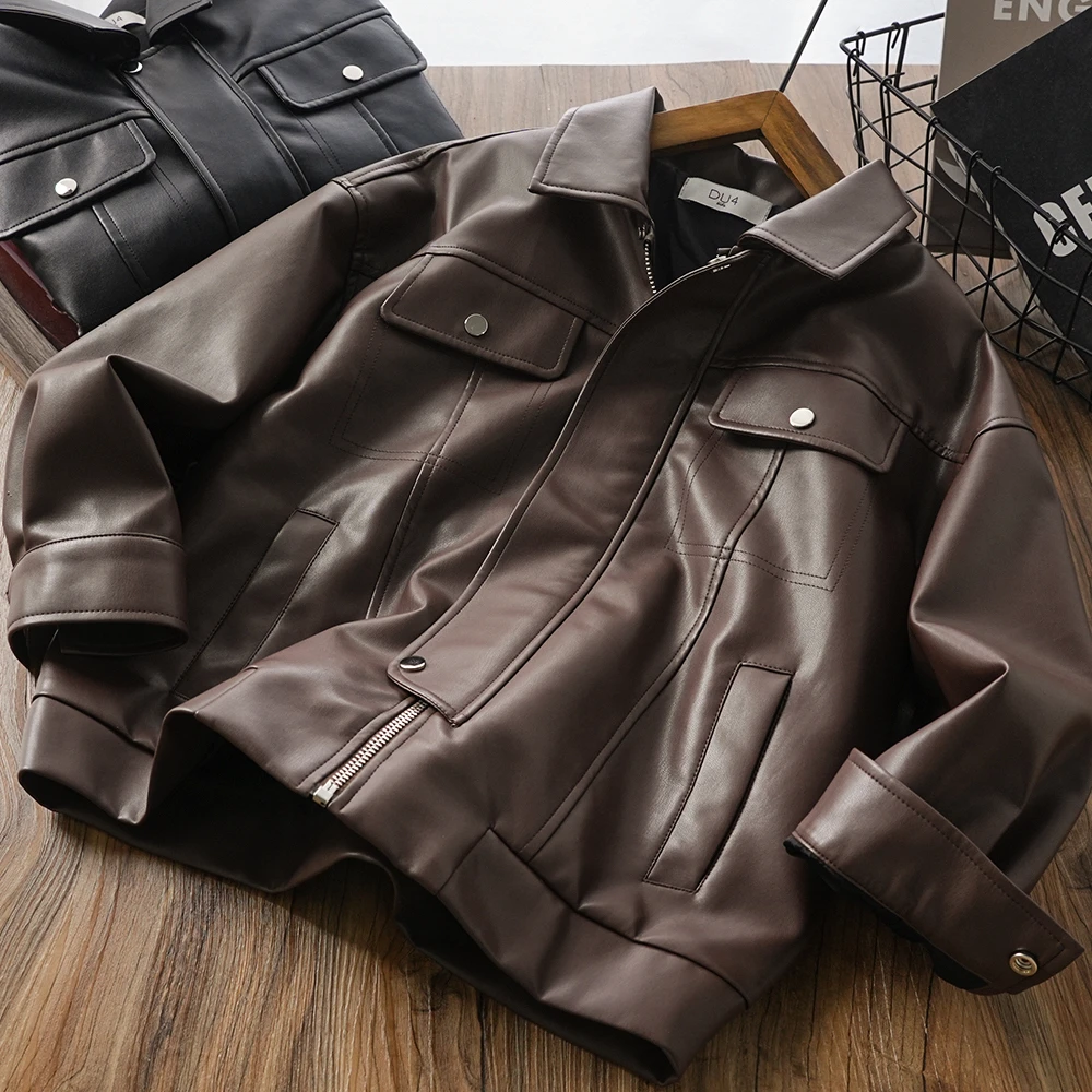 儿童男童春秋新款帅气拼接皮夹克外套中大童翻领百搭皮衣4SP10