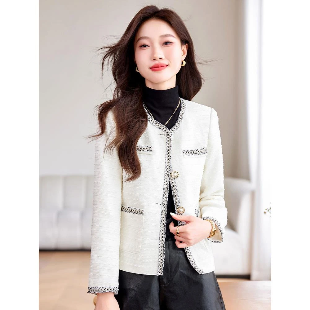 白色小香风外套女2025新款秋季长袖高级感时尚气质名媛小个子上衣