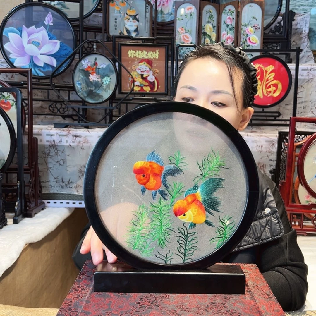 织绣苏绣摆台檀木手工双面