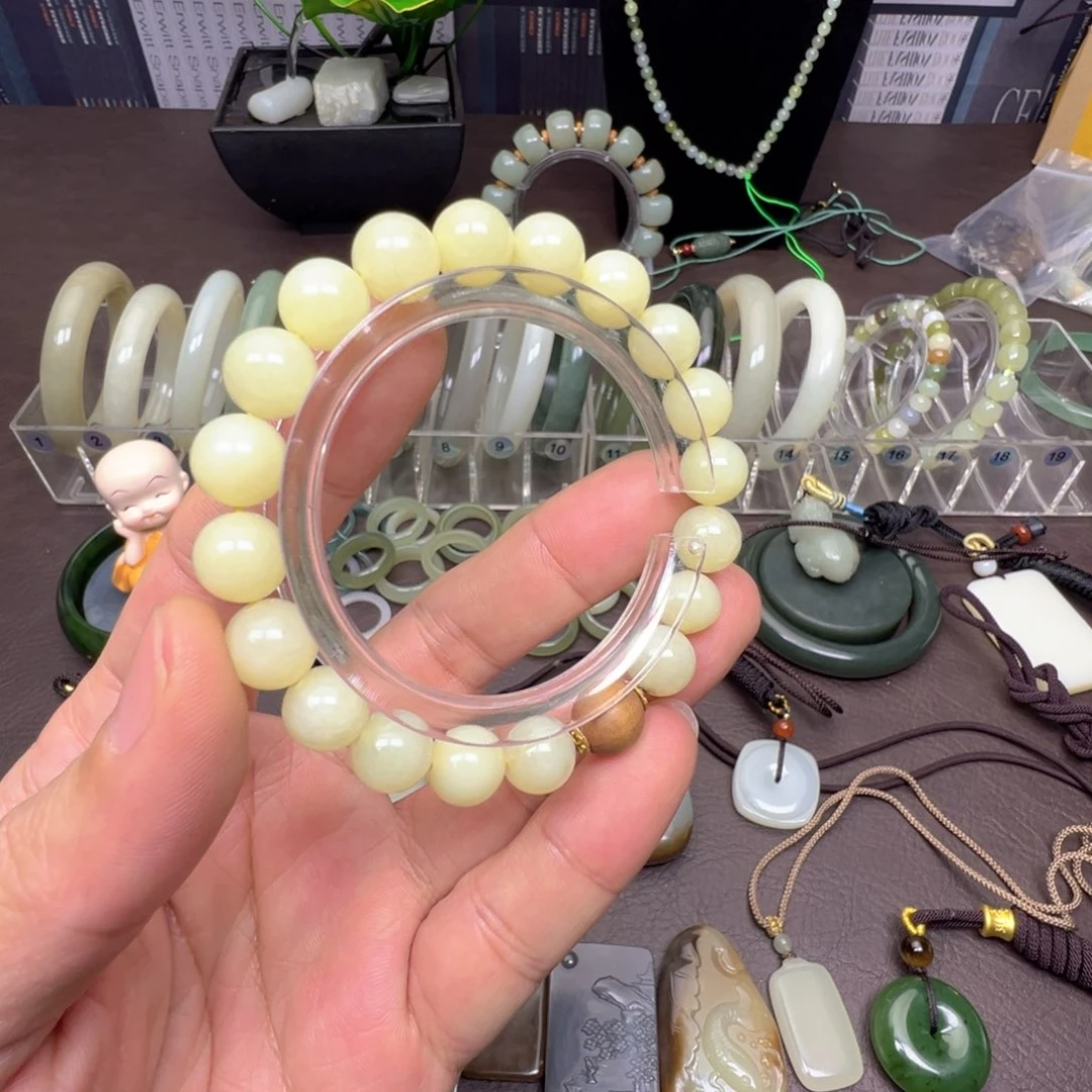 中***叔和田玉未镶嵌手链和田玉若羌黄口圆珠10mm