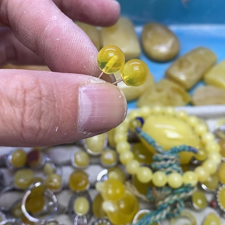 蜜蜡裸石银S925镶嵌耳钉