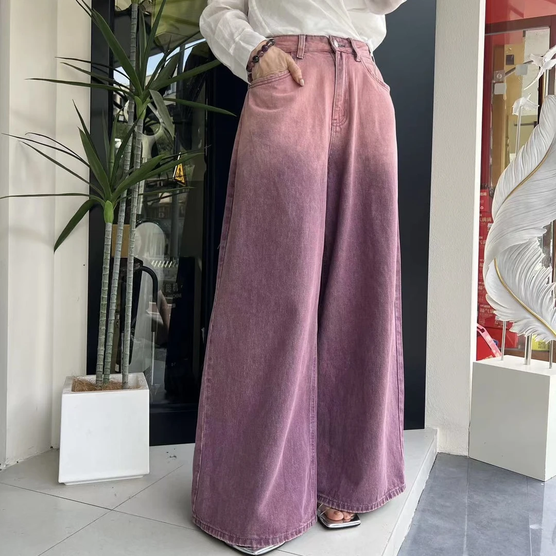 JJ私服 紫色宽松渐变色设计感牛仔直筒拖地裤女高腰阔腿长裤