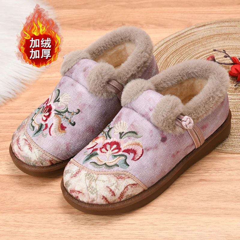 冬季女棉鞋老北京布鞋民族风绣花妈妈鞋一脚蹬加绒加厚老太太毛靴