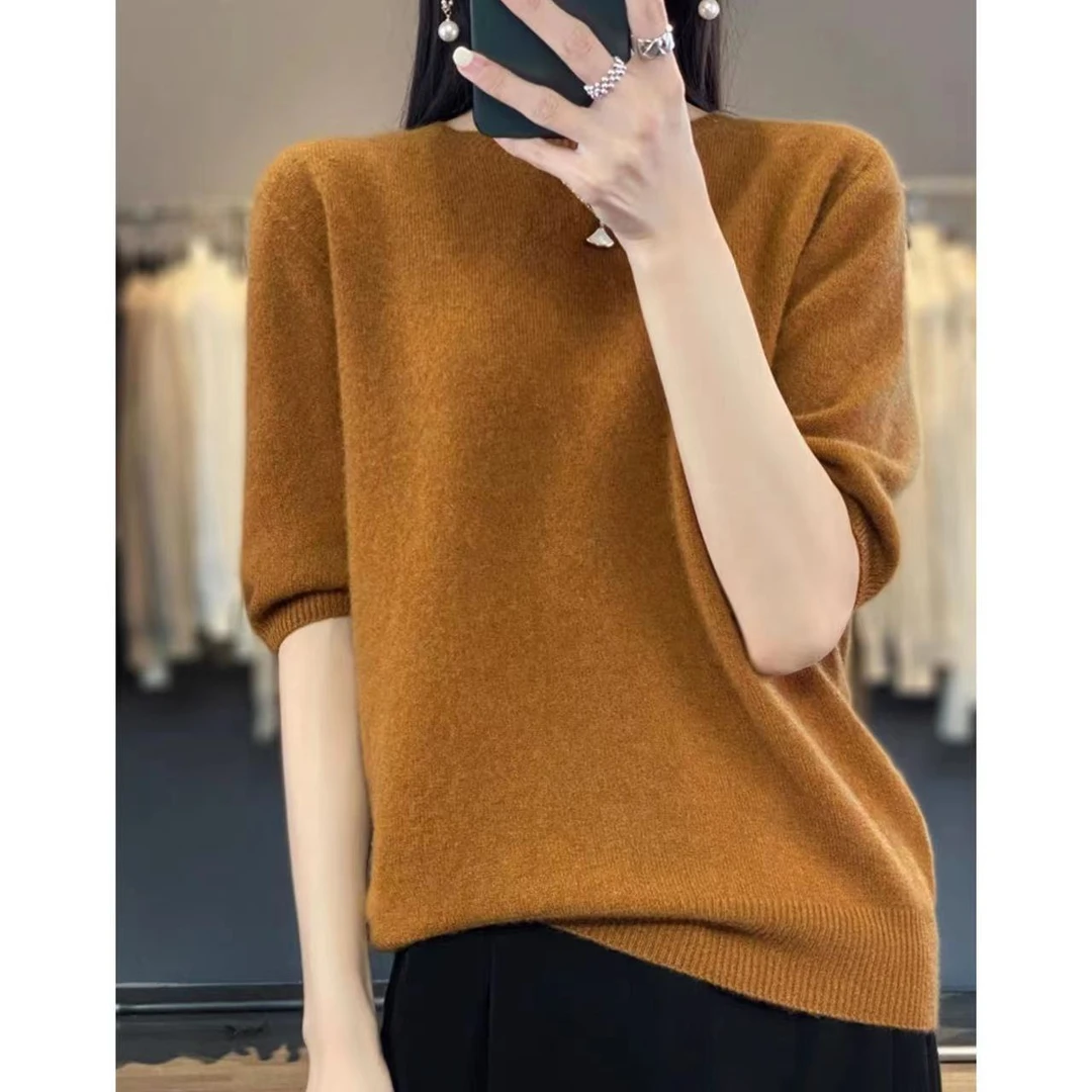 涵玖玥【100羊毛】中袖圆领软糯气质套衫纯色百搭上衣07-006