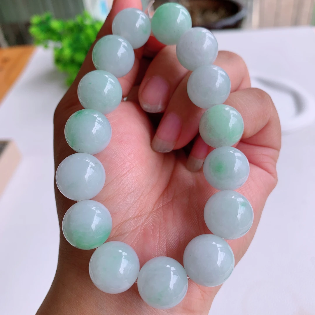 天然翡翠A货冰润飘绿果绿圆珠手串手链卡13.5mm绿色缅甸玉石珠子