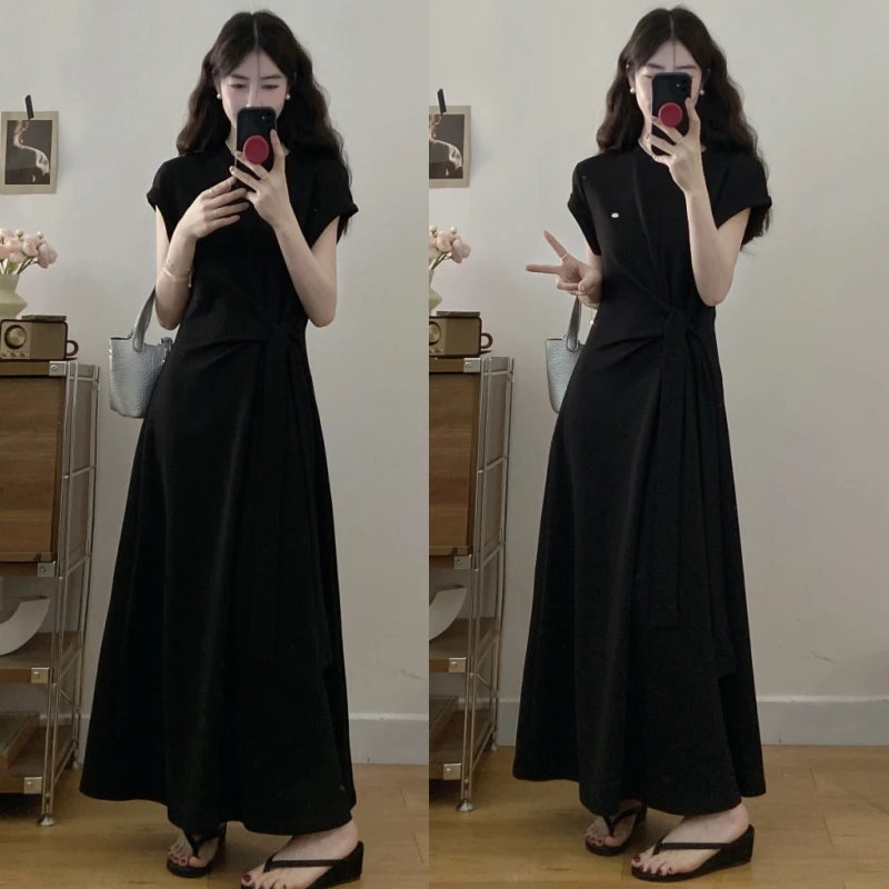 大码设计感系带收腰连衣裙女2025夏季时尚洋气宽松显瘦休闲T恤裙