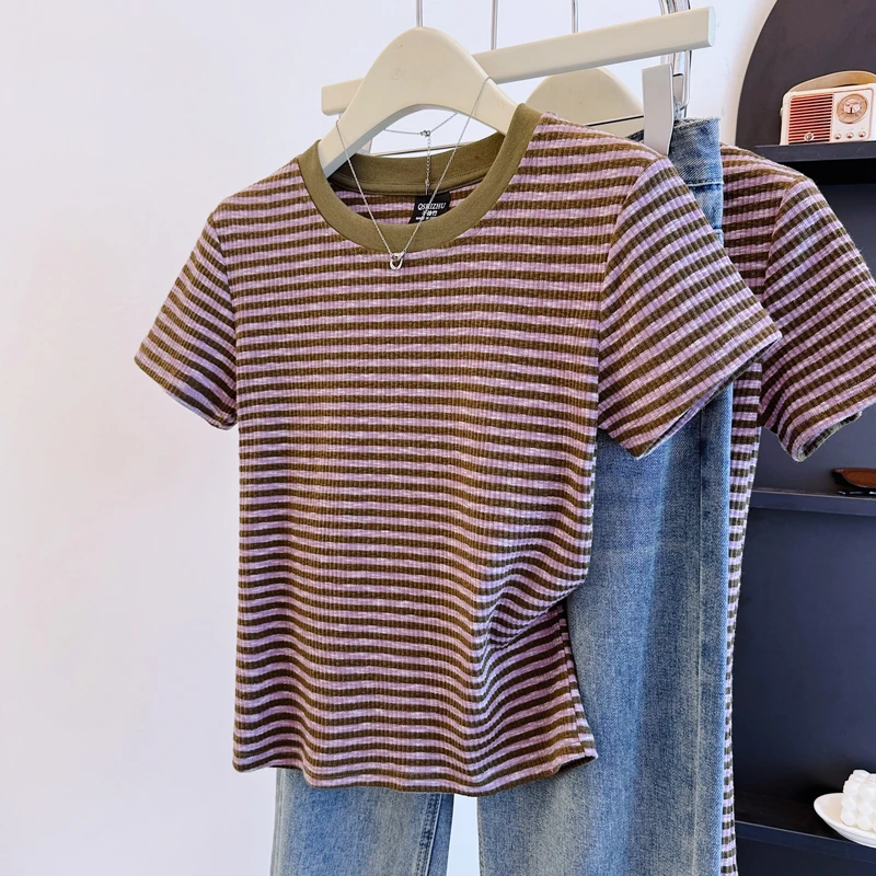 9112#甜辣少女感紫色条正肩短袖t恤女夏季修身圆领小众设计上衣