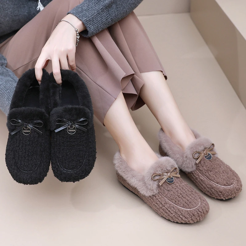 棉鞋冬季加绒保暖外穿百搭一脚蹬毛毛鞋防滑气质软底休闲豆豆鞋