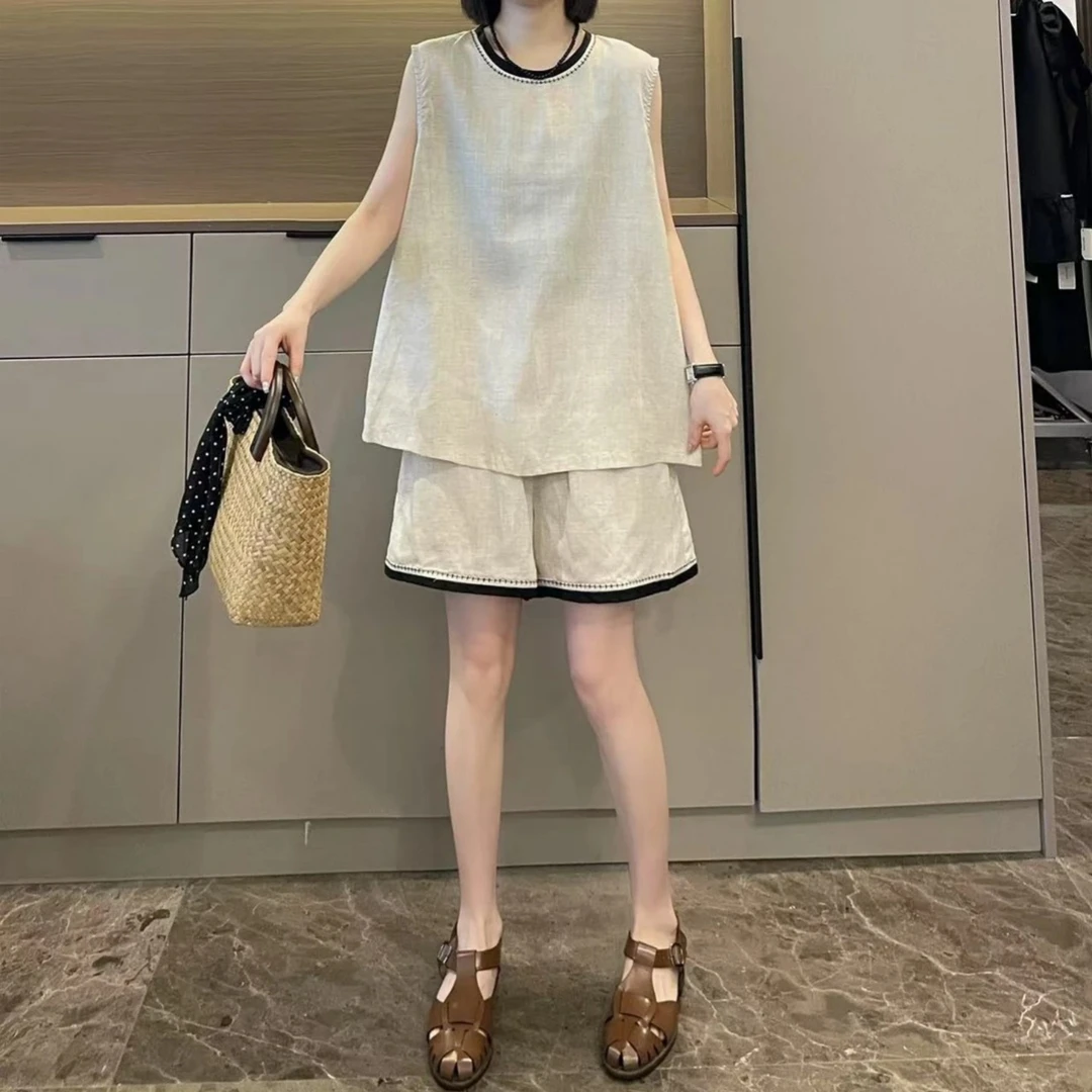 撞色圆领无袖女士套装2025夏季大码胖MM新款上衣+休闲短裤两件套