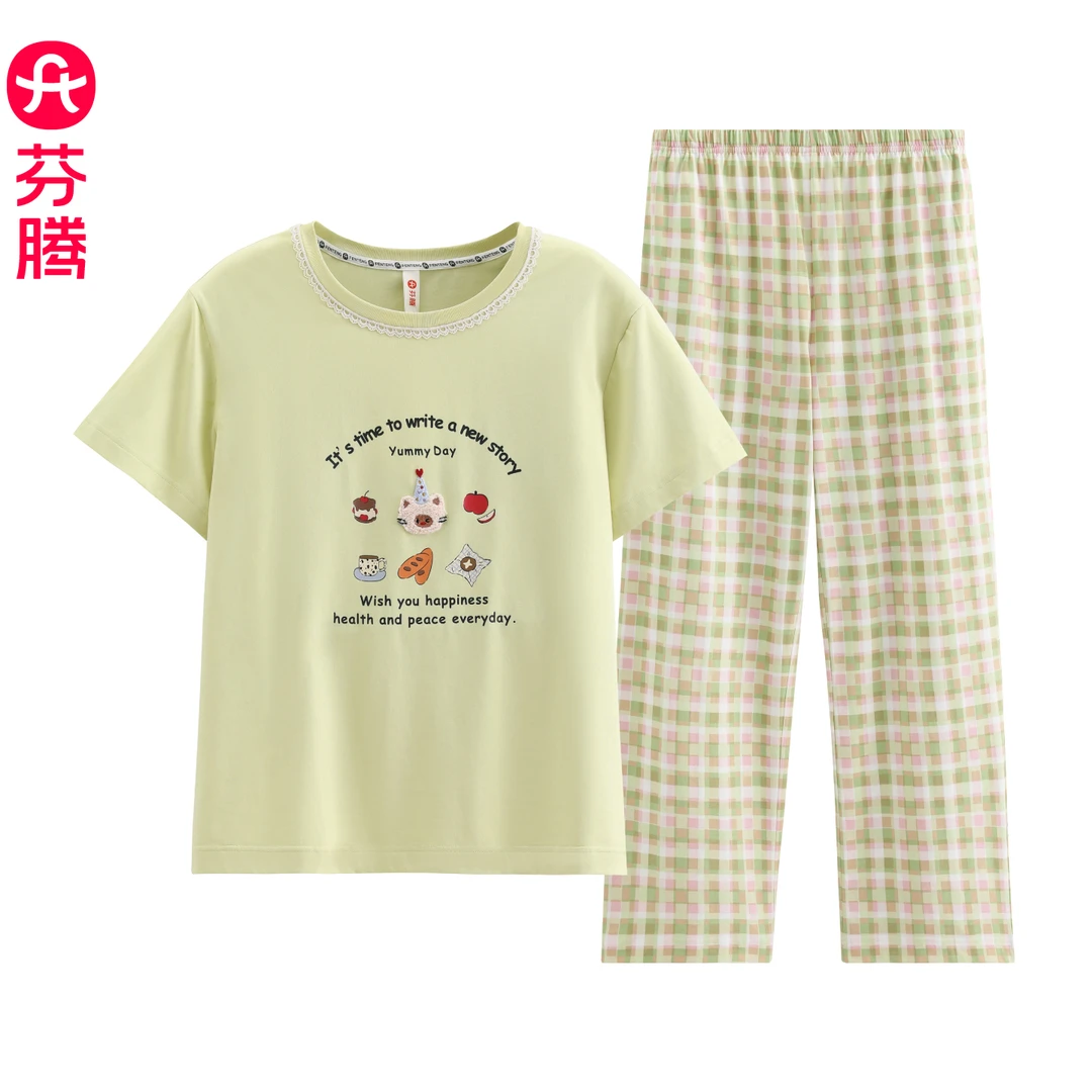 芬腾睡衣女款2025新款纯棉夏季薄款短袖长裤宽松可爱女家居服套装
