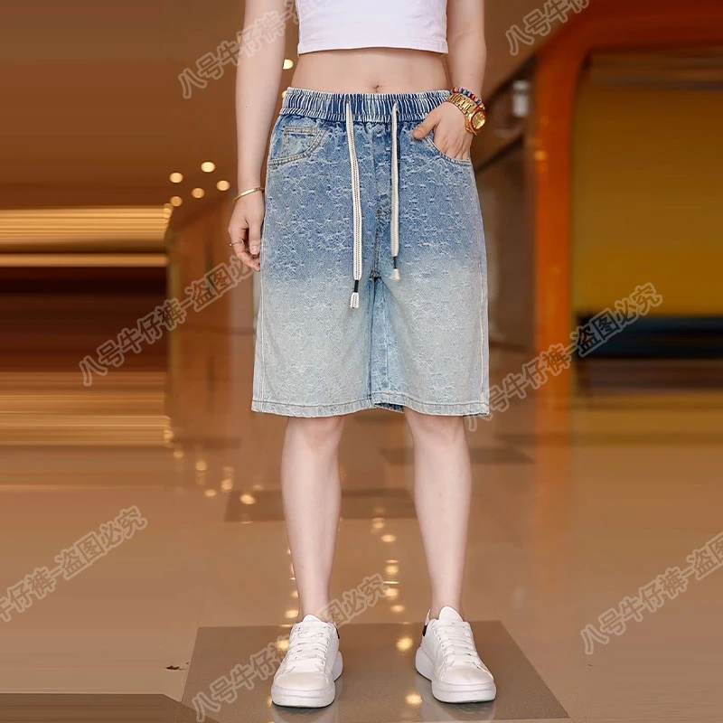 2025年夏季薄款宽松直筒五分裤渐变提花潮流中裤男装男士牛仔短裤