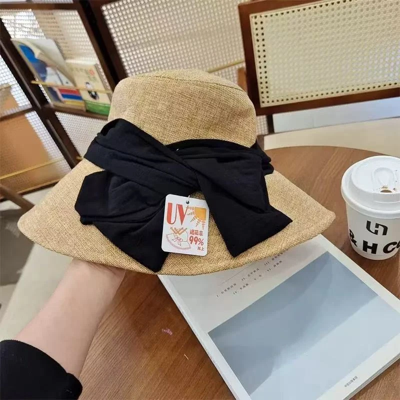 噜噜啦噜 超大帽檐渔夫帽子极简风女遮阳帽蝴蝶结显脸小盆帽