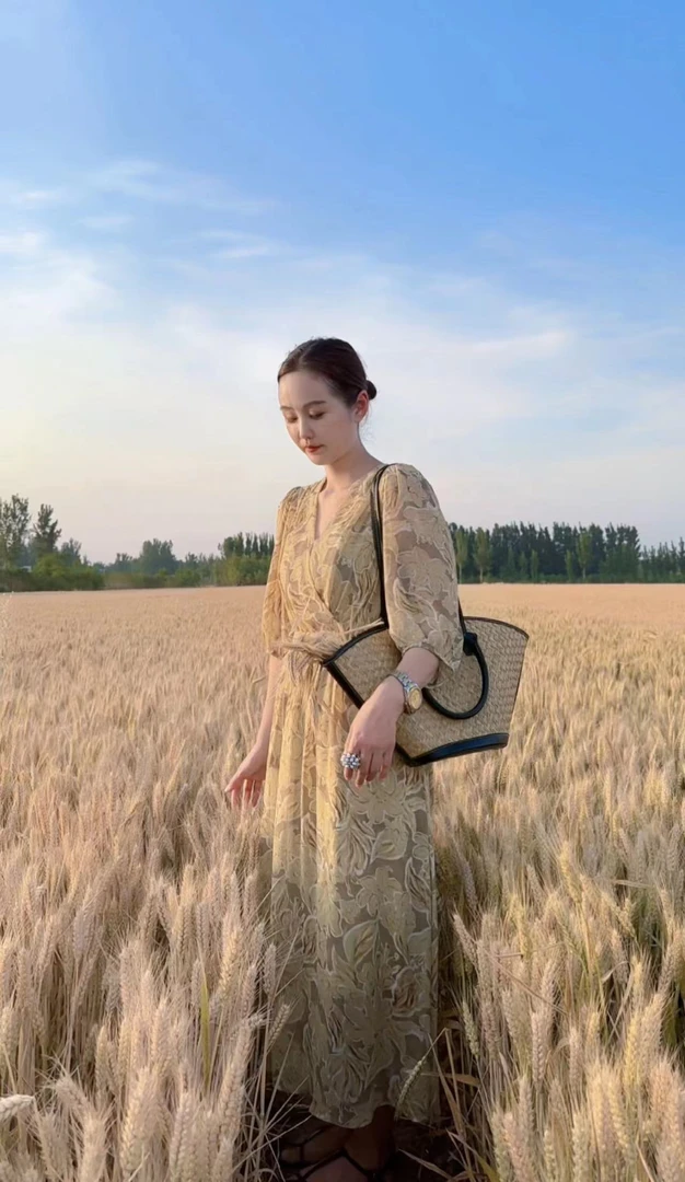 中袖V领连衣裙女2025夏新款温柔风显瘦收腰长款连衣裙6670