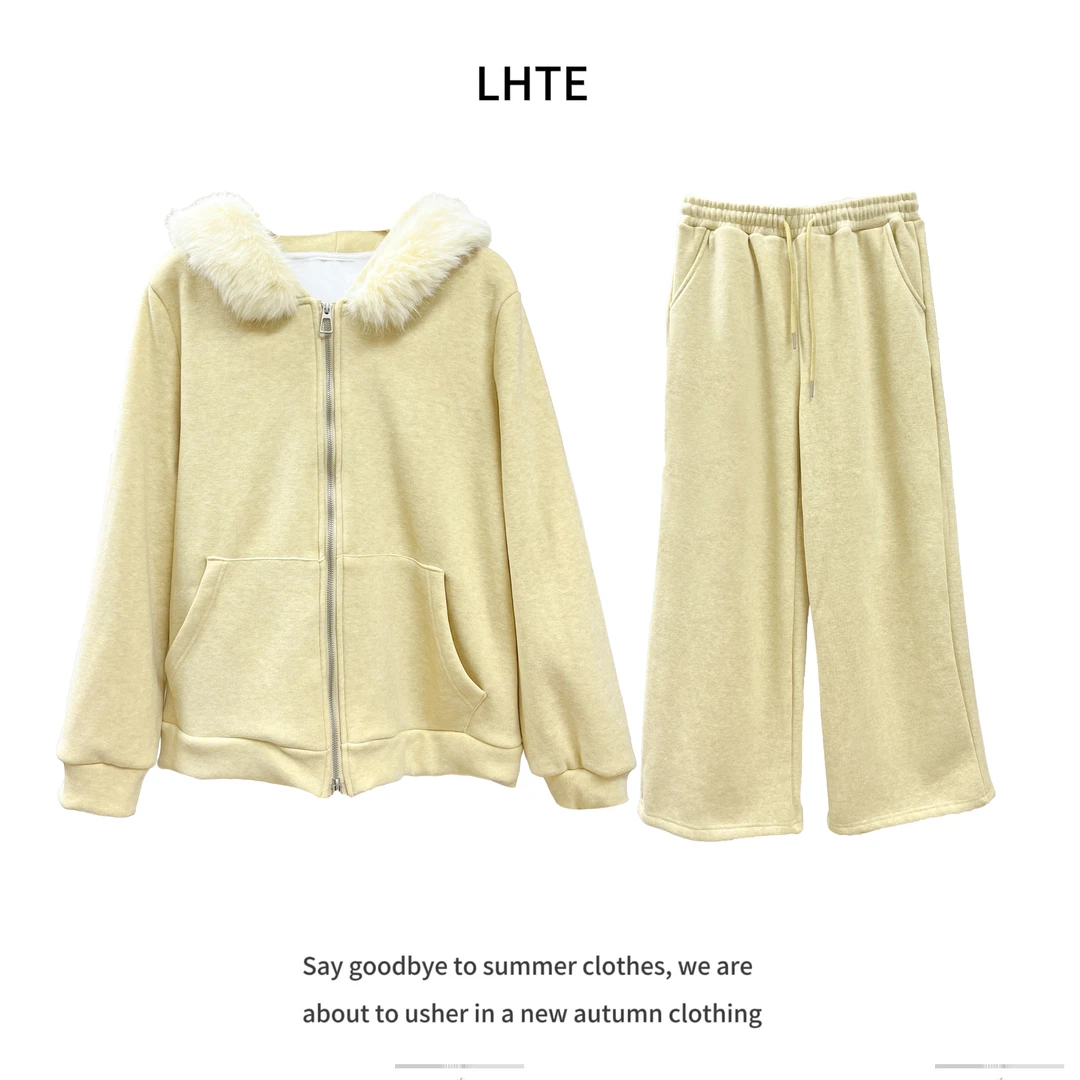 青青大码女装 时尚休闲百搭加绒运动帽衫上衣长裤套装T5533黄色