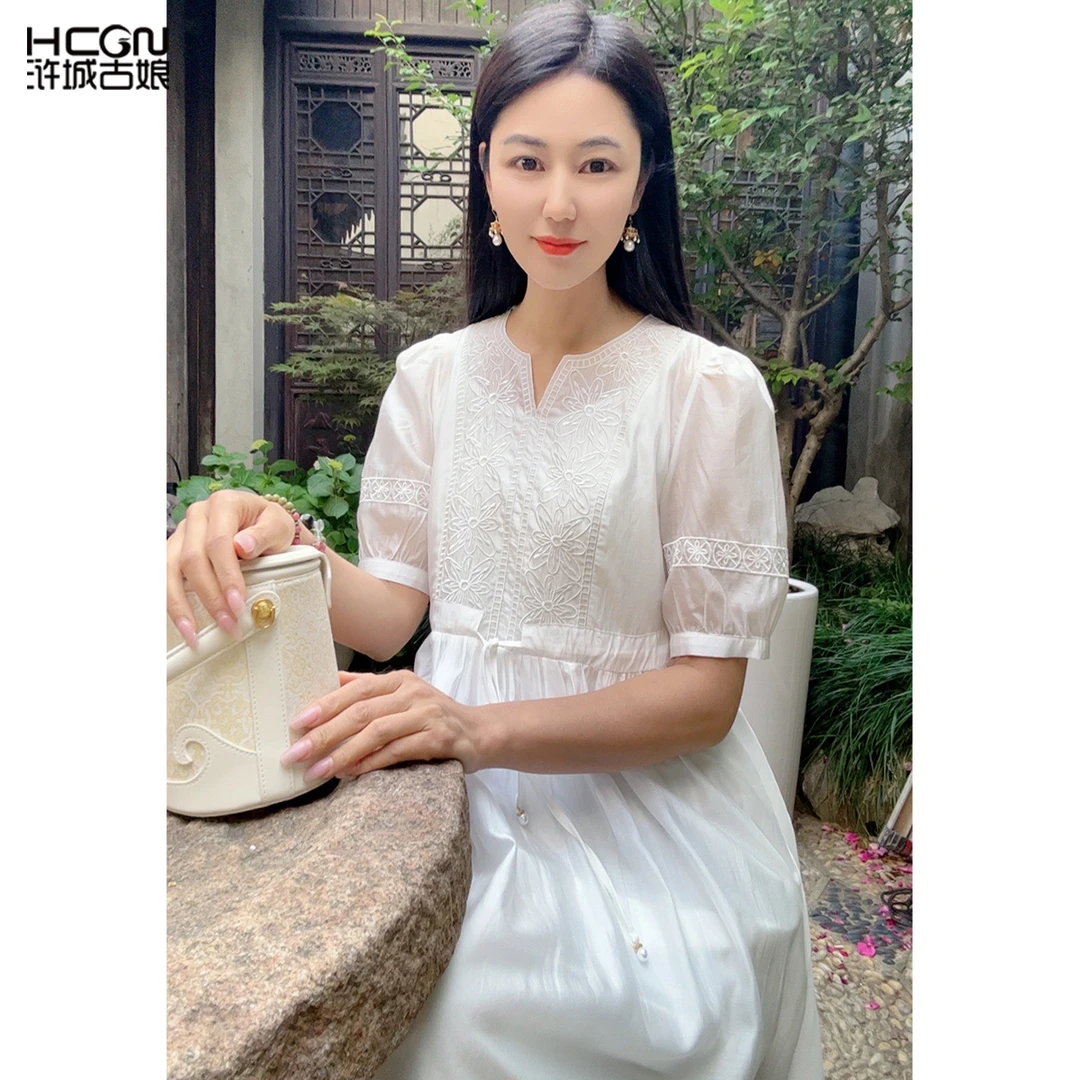 浒城古娘雪纺泡泡袖白色蕾丝宫廷中式仙气女过膝连衣裙WH0500136