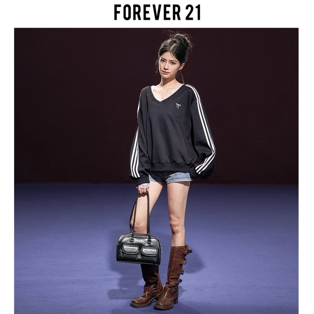 Forever 21黑色蕾丝蝴蝶结卫衣女秋冬宽松韩系慵懒休闲长袖上衣潮