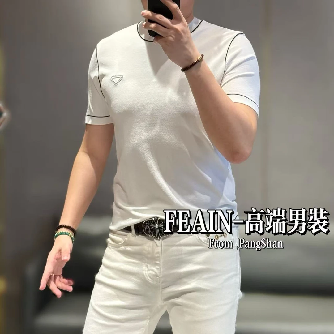 进口伊力特丝全手工明线工艺三角标胸标丝滑冰感短袖T恤059