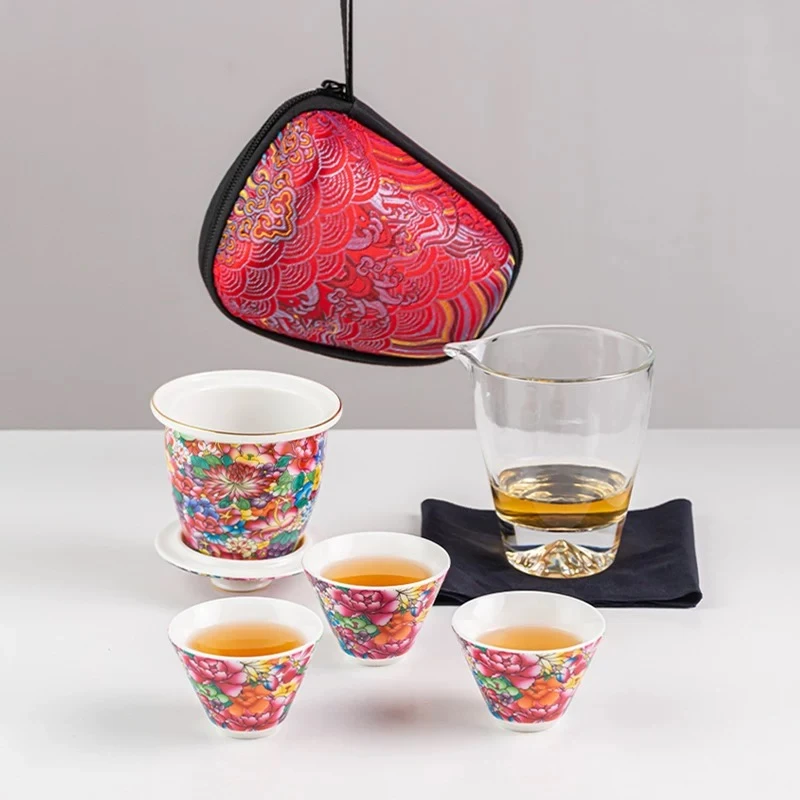 一鸣  满花珐琅彩万花陶瓷一壶三杯旅行茶具H137