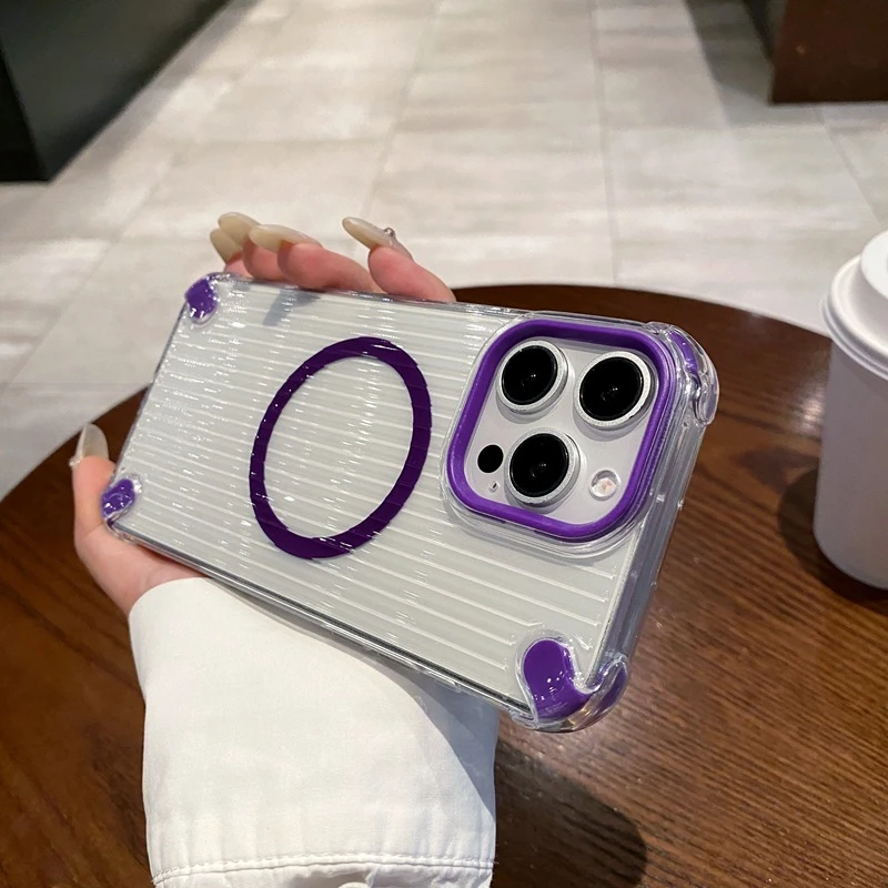 瓦楞磁吸适用iPhone16promax手机壳简约透明苹果15四角防摔14软壳