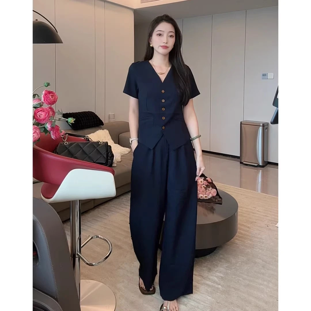 大码夏季新款胖mm极简休闲气质显瘦V领上衣+简约百搭阔腿裤两件套